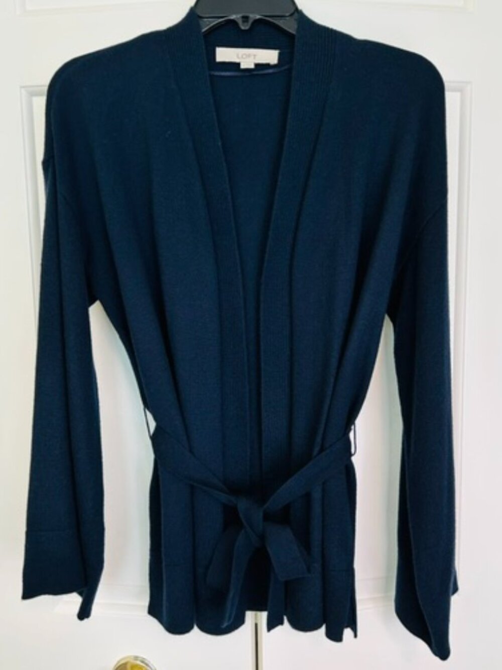 LOFT VGUC Navy Blue Belted Open Front Bell Sleeve Cardigan Sweater Medium